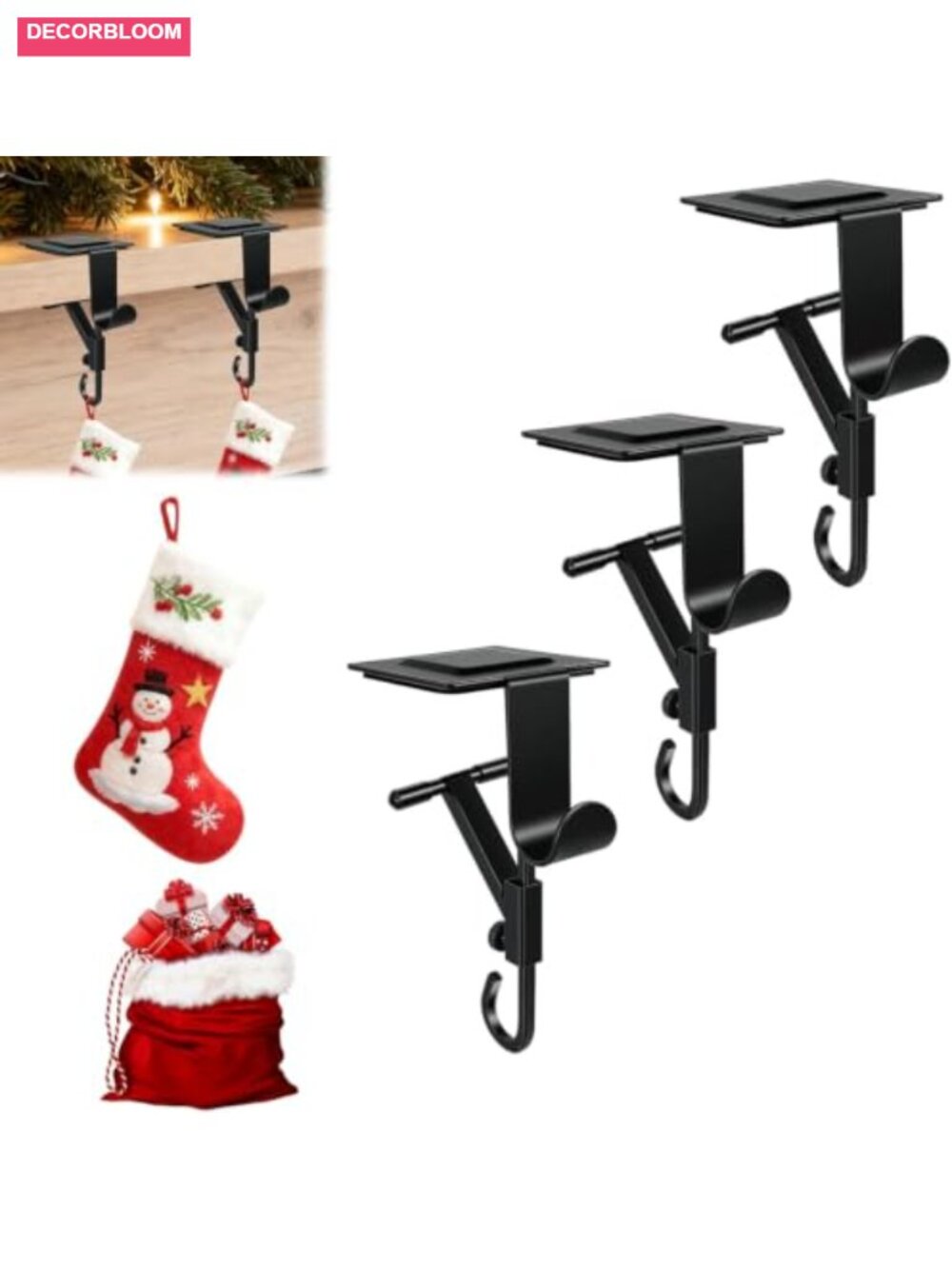 2-in-1 No-Drill Fireplace Stocking & Garland Hanger Adjustable Metal Clamp Hook